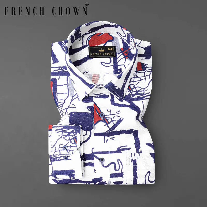 Bright White With Paris Blue Abstract Printed Dobby Textured Premium Giza Cotton Shirt 8