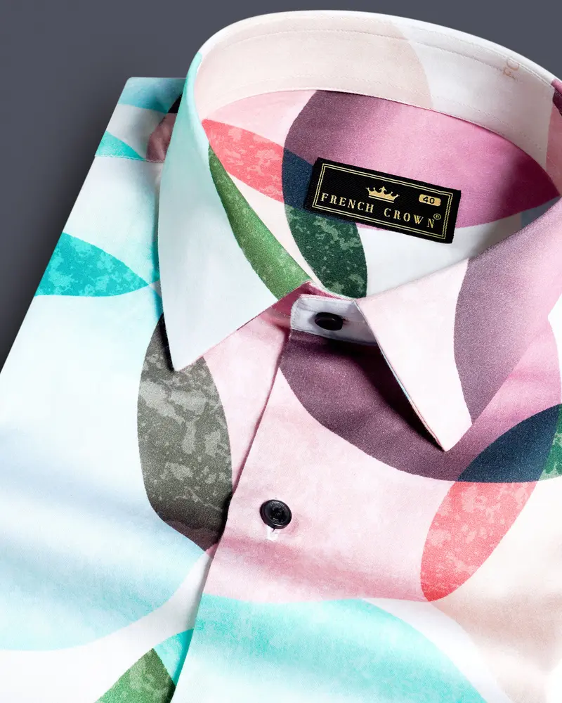 Bright White With Pastel Pink And Edgewater Green Abstract Printed Subtle Sheen Super Soft Premium Cotton Designer Shirt 1