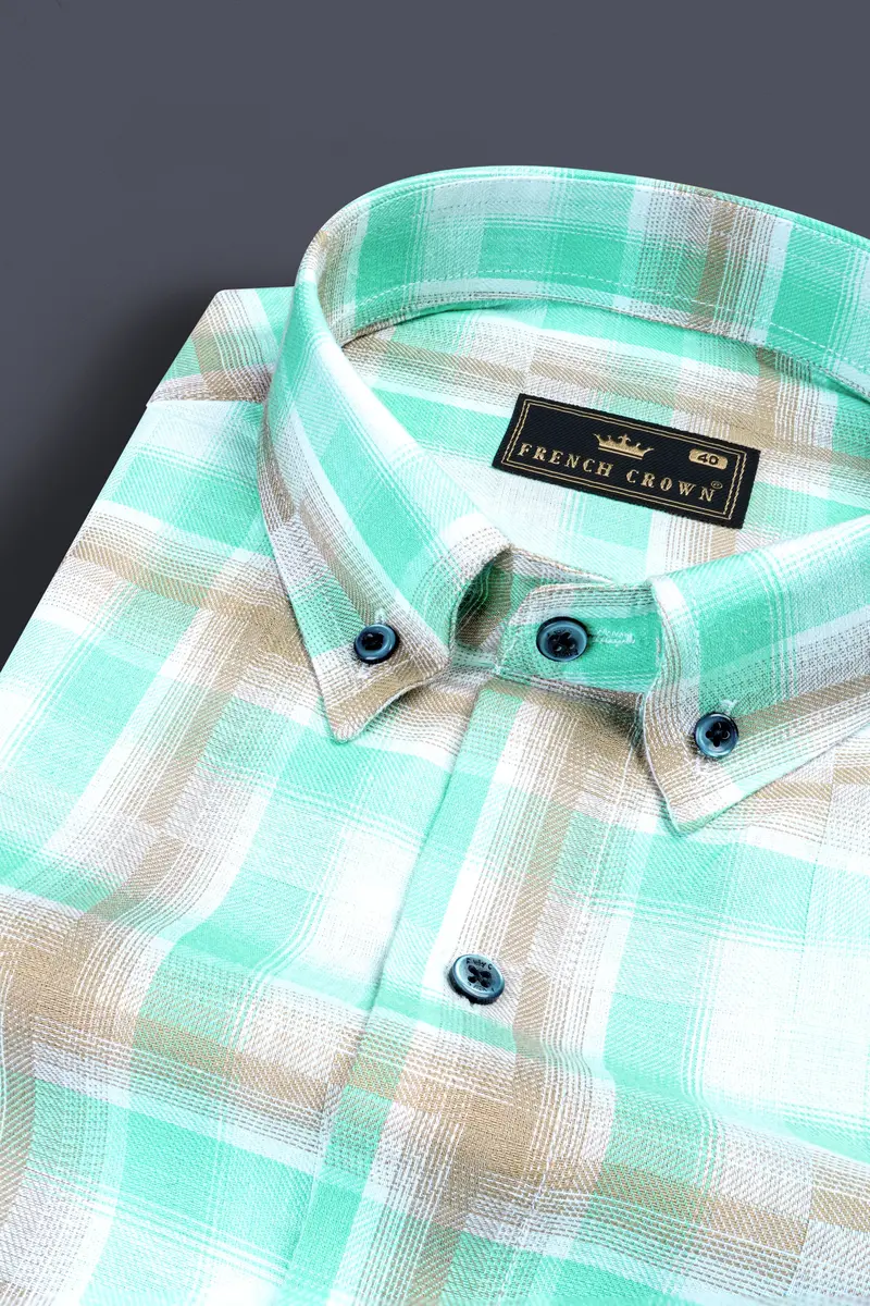 Bright White With Pavlova Brown And Riptide Green Twill Plaid Premium Cotton Shirt 1
