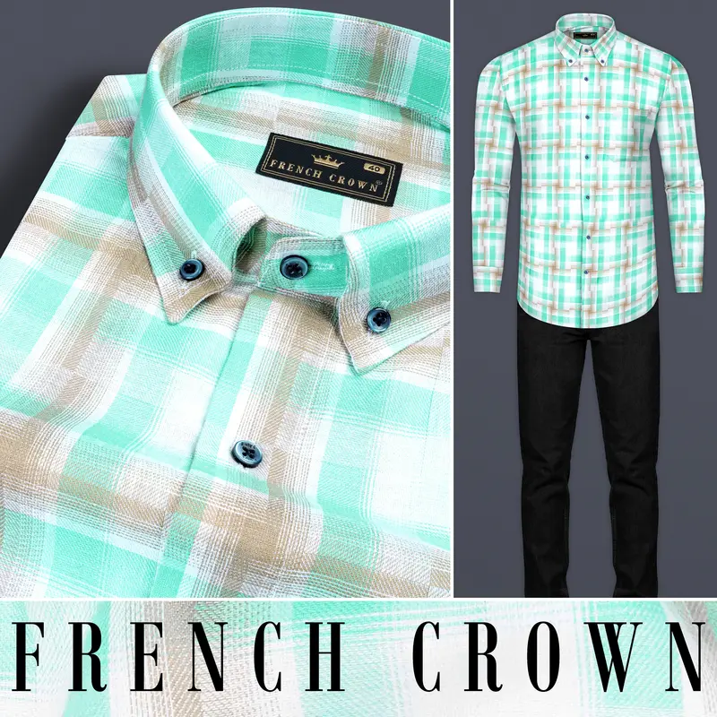 Bright White With Pavlova Brown And Riptide Green Twill Plaid Premium Cotton Shirt 10