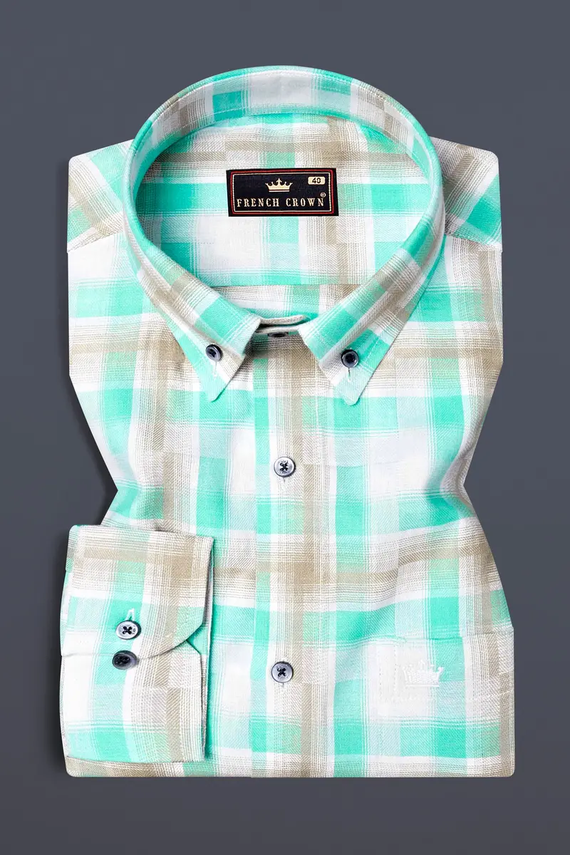 Bright White With Pavlova Brown And Riptide Green Twill Plaid Premium Cotton Shirt 3