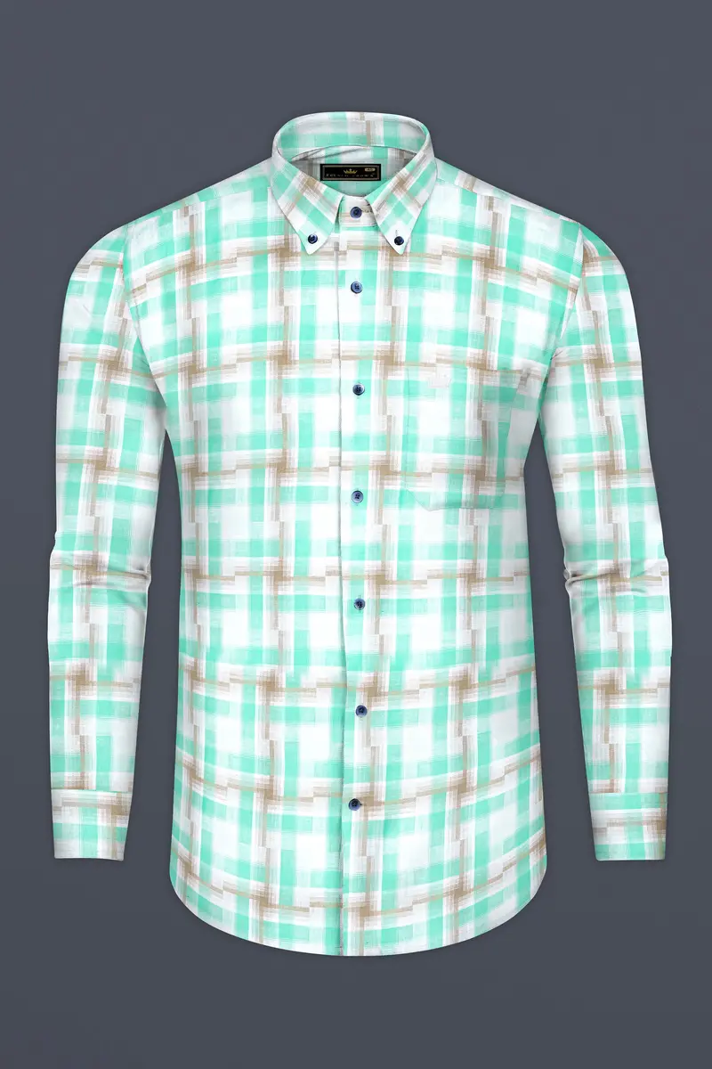 Bright White With Pavlova Brown And Riptide Green Twill Plaid Premium Cotton Shirt 4