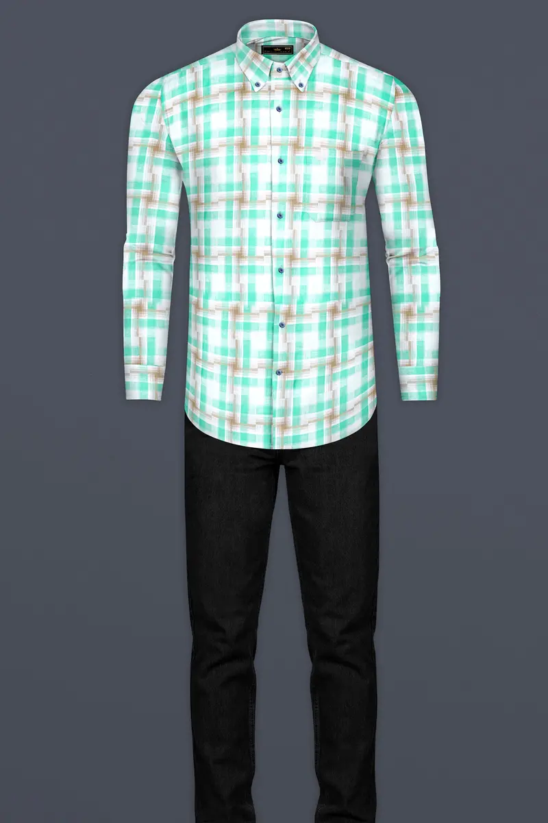 Bright White With Pavlova Brown And Riptide Green Twill Plaid Premium Cotton Shirt 6