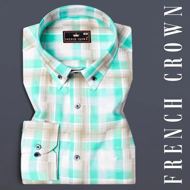Bright White With Pavlova Brown And Riptide Green Twill Plaid Premium Cotton Shirt 7