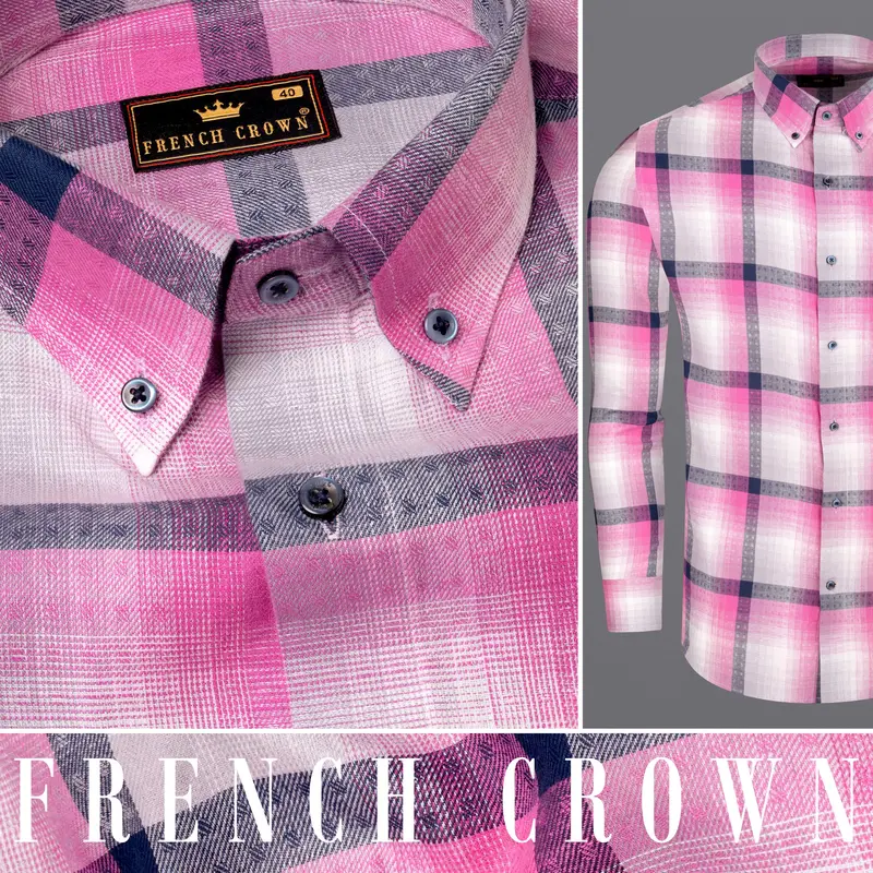 Bright White With Persian Pink Windowpane Twill Premium Cotton Shirt 10