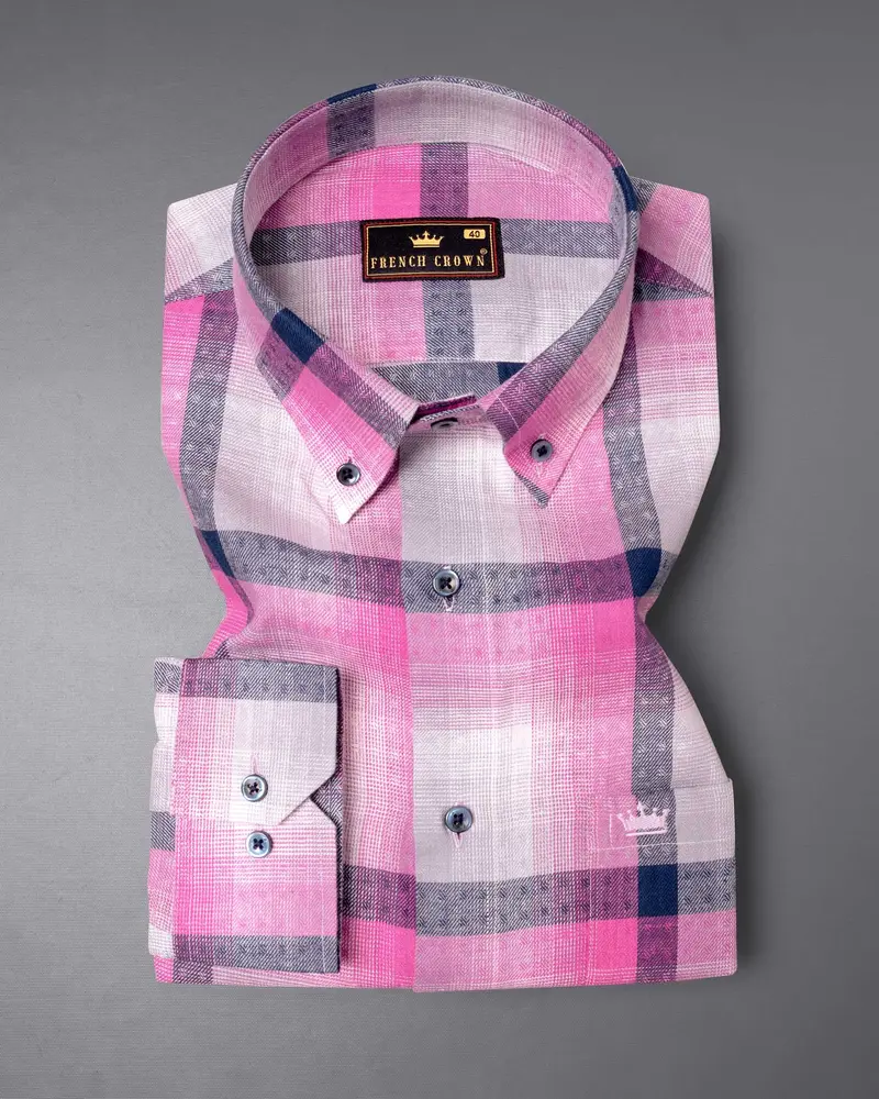 Bright White With Persian Pink Windowpane Twill Premium Cotton Shirt 3