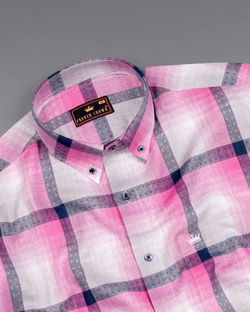 Bright White With Persian Pink Windowpane Twill Premium Cotton Shirt 4