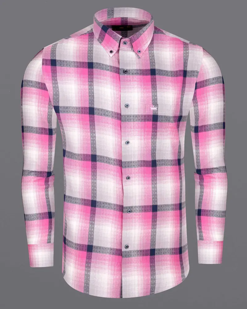 Bright White With Persian Pink Windowpane Twill Premium Cotton Shirt 5
