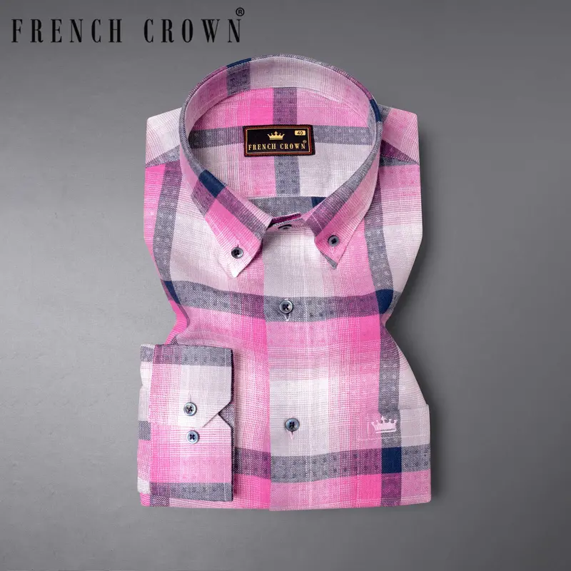 Bright White With Persian Pink Windowpane Twill Premium Cotton Shirt 7