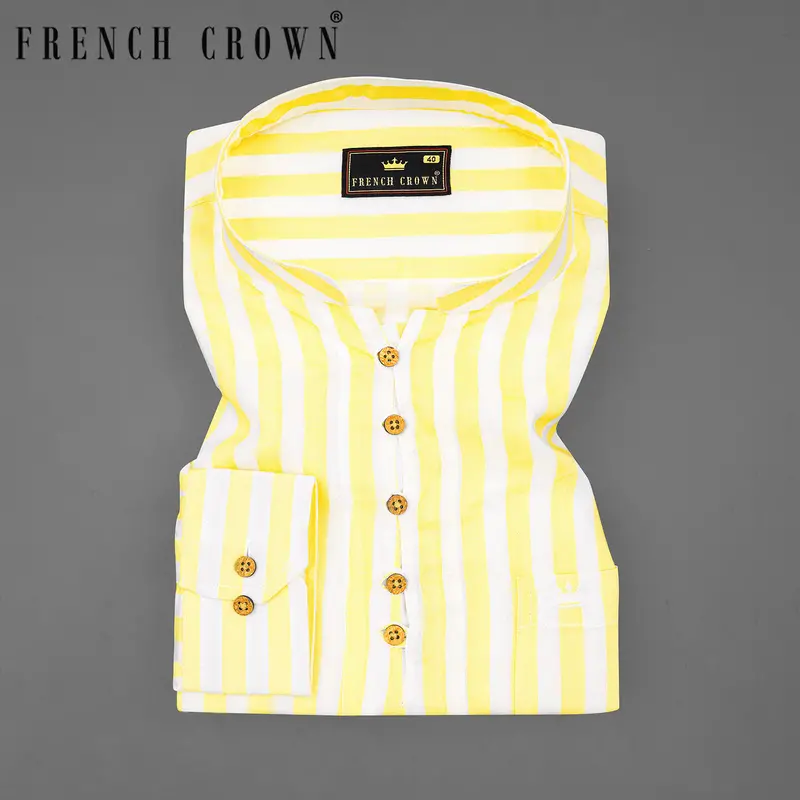 Bright White With Picasso Yellow Striped Premium Tencel Kurta Shirt 1