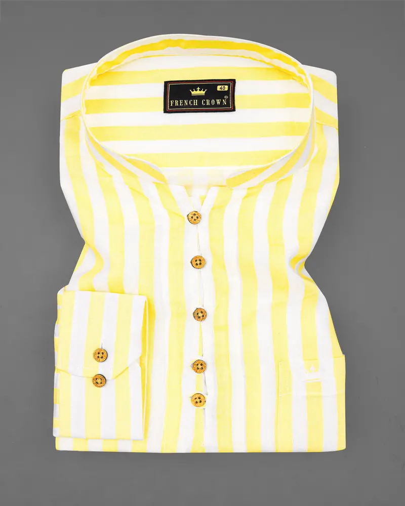 Bright White With Picasso Yellow Striped Premium Tencel Kurta Shirt 2