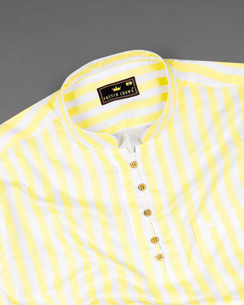 Bright White With Picasso Yellow Striped Premium Tencel Kurta Shirt 5