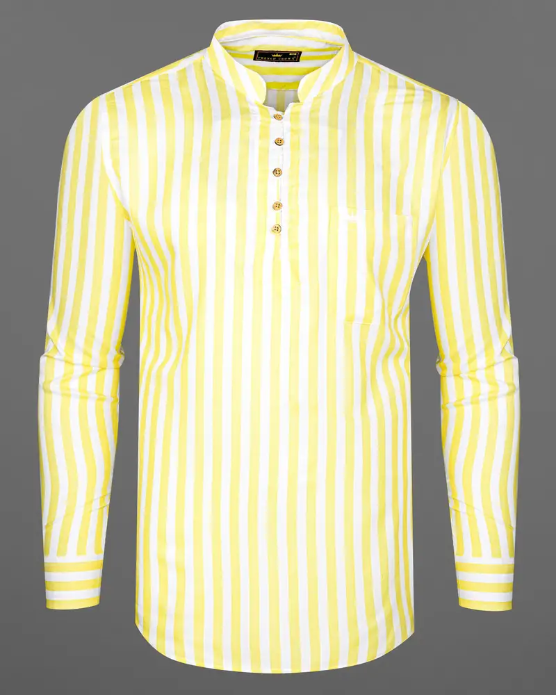 Bright White With Picasso Yellow Striped Premium Tencel Kurta Shirt 6