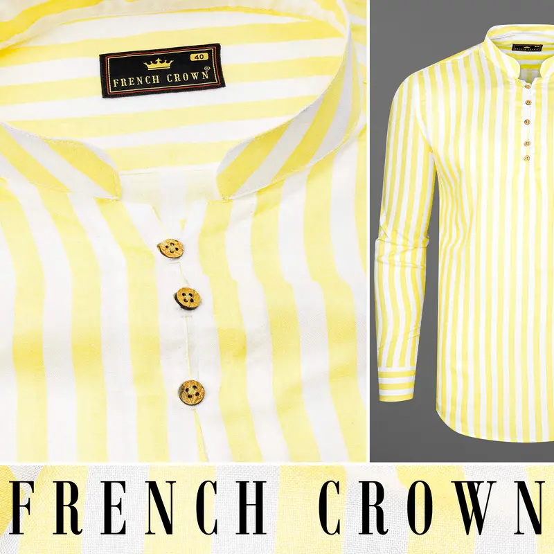 Bright White With Picasso Yellow Striped Premium Tencel Kurta Shirt 9