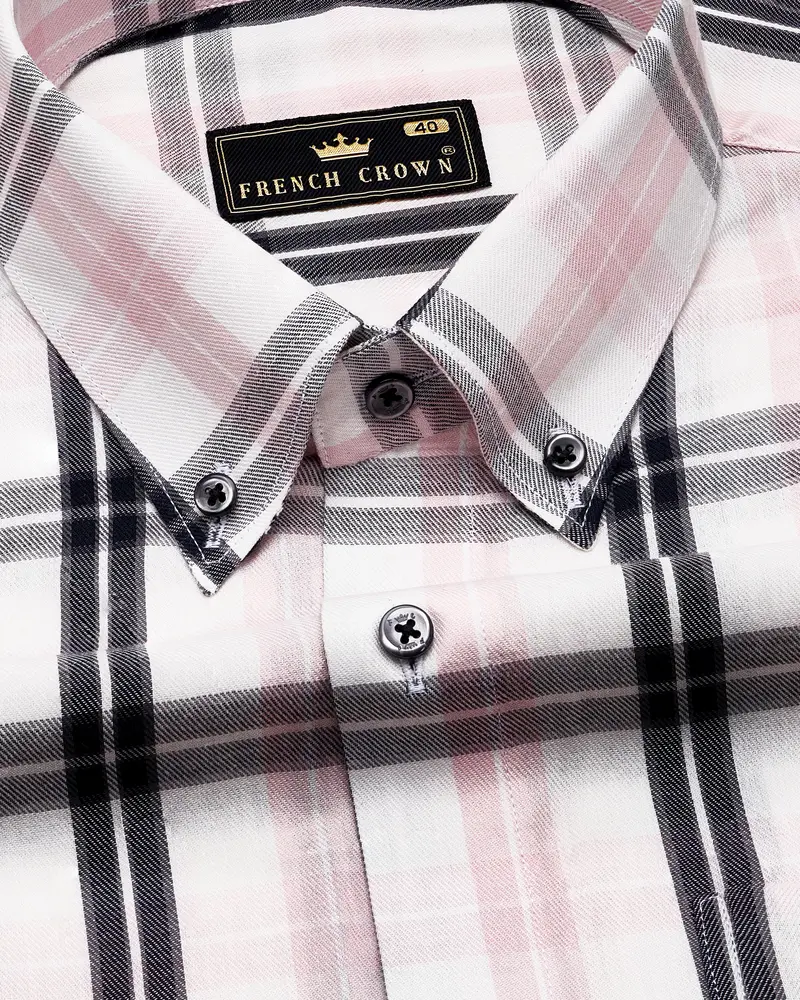 Bright White With Pinocchio Pink And Black Twill Paid Premium Cotton Shirt 1