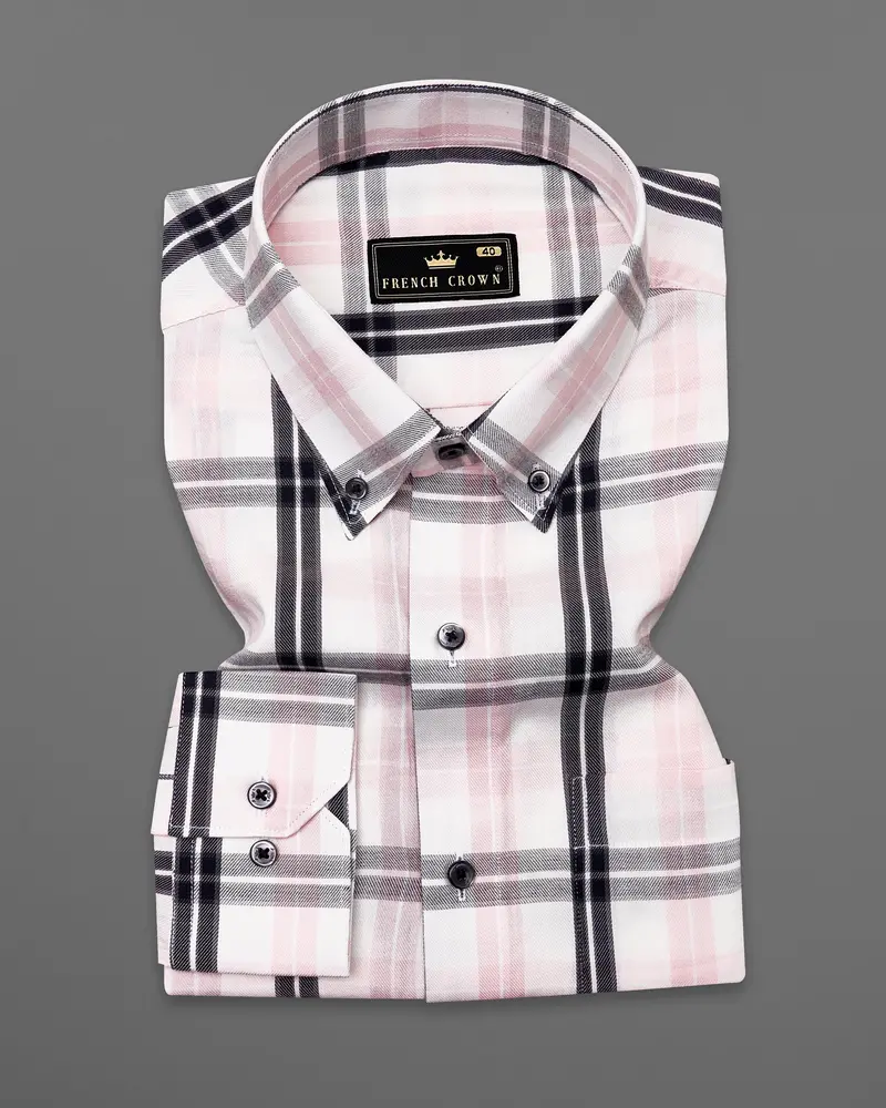 Bright White With Pinocchio Pink And Black Twill Paid Premium Cotton Shirt 3
