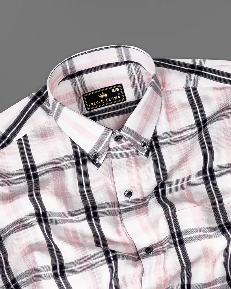 Bright White With Pinocchio Pink And Black Twill Paid Premium Cotton Shirt 4