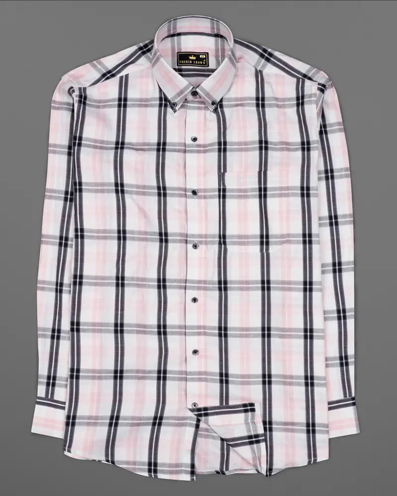 Bright White With Pinocchio Pink And Black Twill Paid Premium Cotton Shirt 5