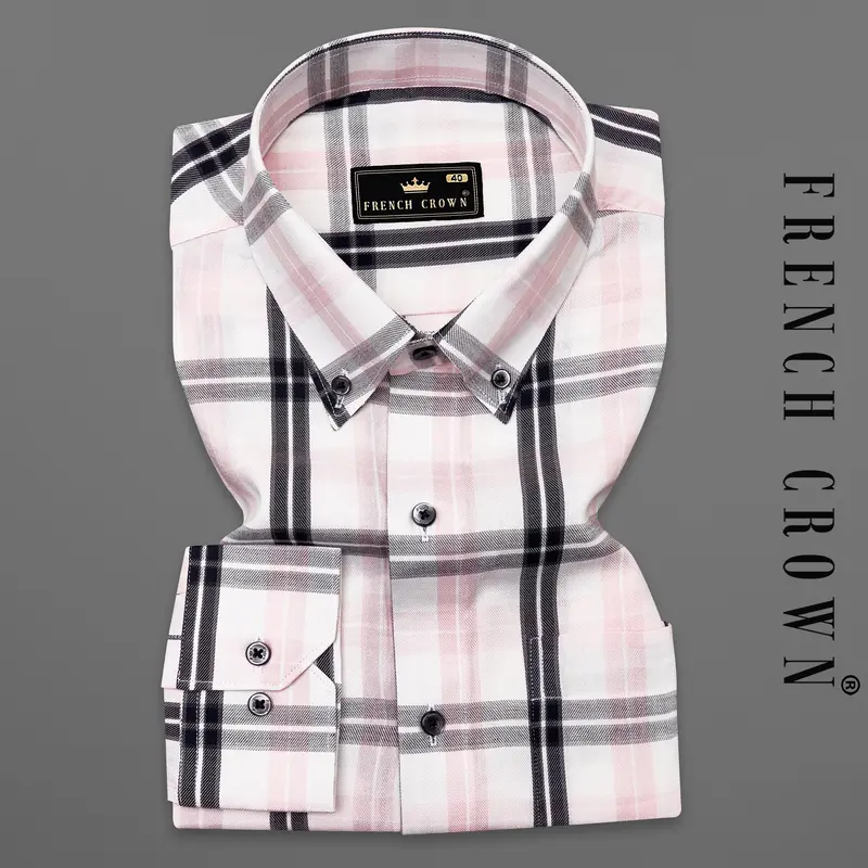 Bright White With Pinocchio Pink And Black Twill Paid Premium Cotton Shirt 7
