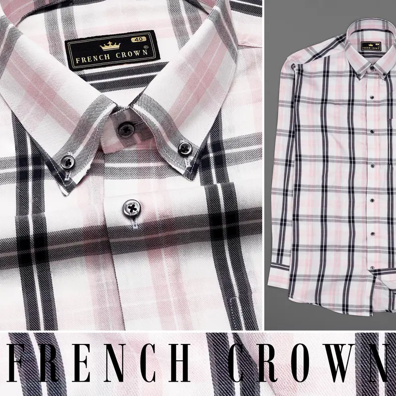 Bright White With Pinocchio Pink And Black Twill Paid Premium Cotton Shirt 9