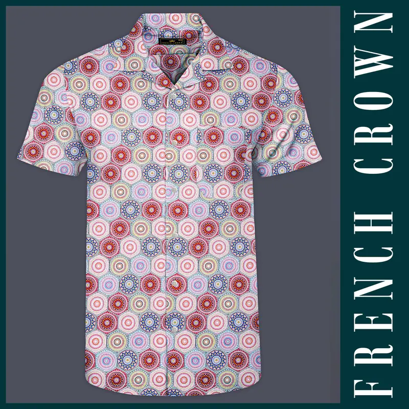 Bright White With Portland Orange Hexagonal Printed Super Soft Premium Cotton Half Sleeves Shirt 1