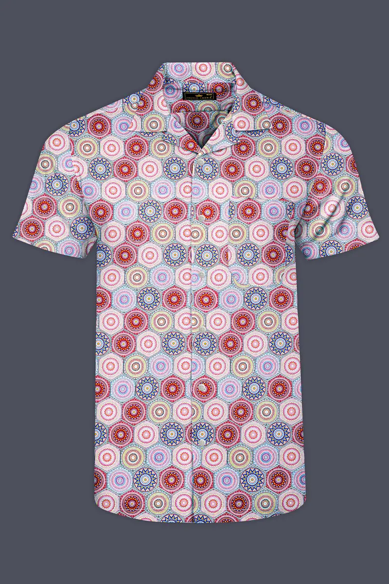 Bright White With Portland Orange Hexagonal Printed Super Soft Premium Cotton Half Sleeves Shirt 2