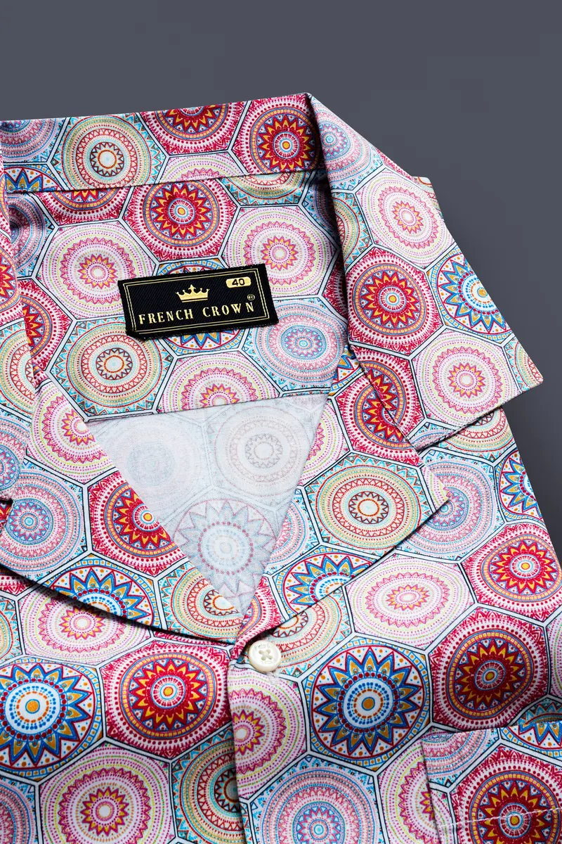 Bright White With Portland Orange Hexagonal Printed Super Soft Premium Cotton Half Sleeves Shirt 4