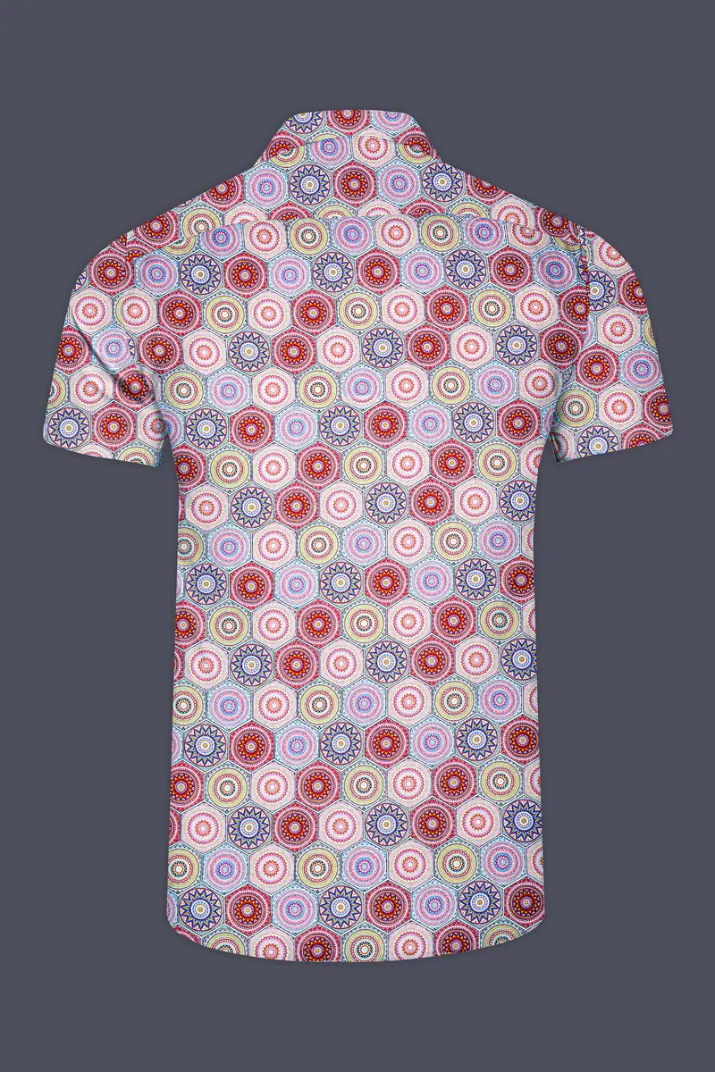 Bright White With Portland Orange Hexagonal Printed Super Soft Premium Cotton Half Sleeves Shirt 5