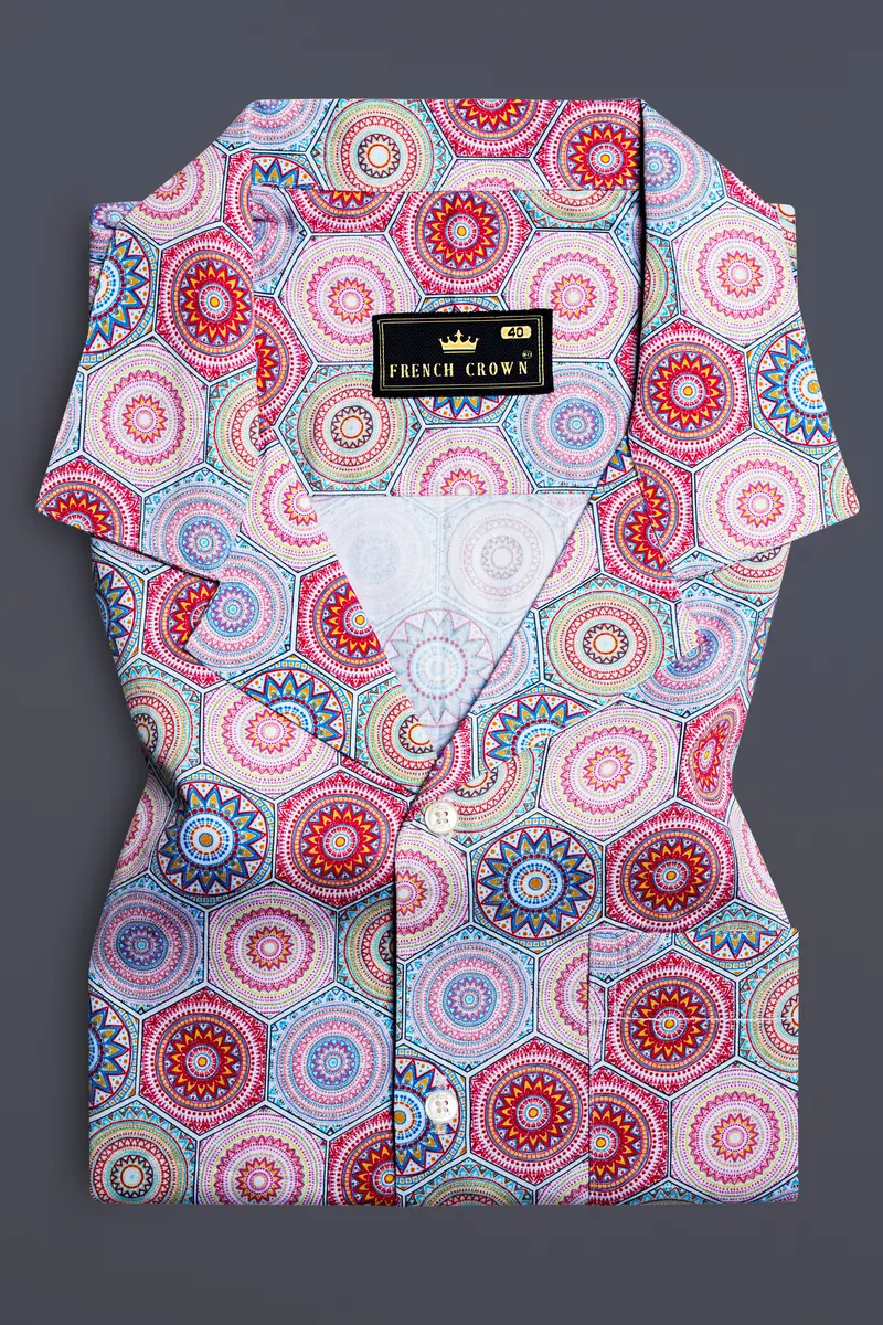 Bright White With Portland Orange Hexagonal Printed Super Soft Premium Cotton Half Sleeves Shirt 6