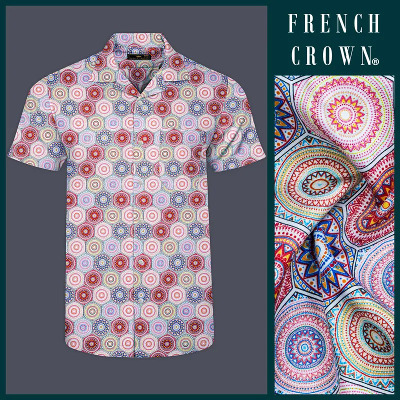Bright White With Portland Orange Hexagonal Printed Super Soft Premium Cotton Half Sleeves Shirt 7