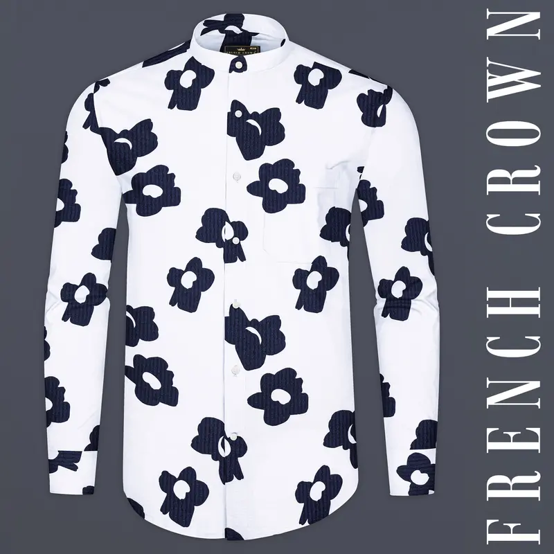 Bright White With Prussian Blue Textured Seersucker Shirt 1