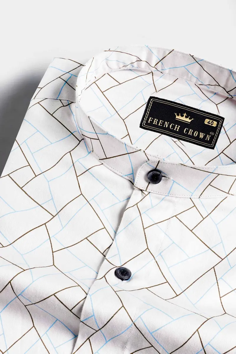 Bright White With Quincy Brown And Carolina Blue Abstract Printed Subtle Sheen Super Soft Premium Cotton Shirt 1