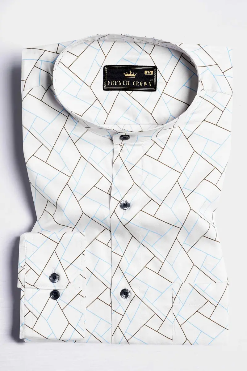 Bright White With Quincy Brown And Carolina Blue Abstract Printed Subtle Sheen Super Soft Premium Cotton Shirt 3