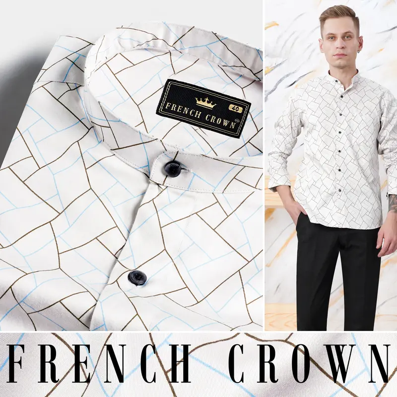 Bright White With Quincy Brown And Carolina Blue Abstract Printed Subtle Sheen Super Soft Premium Cotton Shirt 4