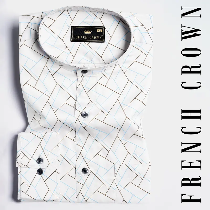 Bright White With Quincy Brown And Carolina Blue Abstract Printed Subtle Sheen Super Soft Premium Cotton Shirt 7