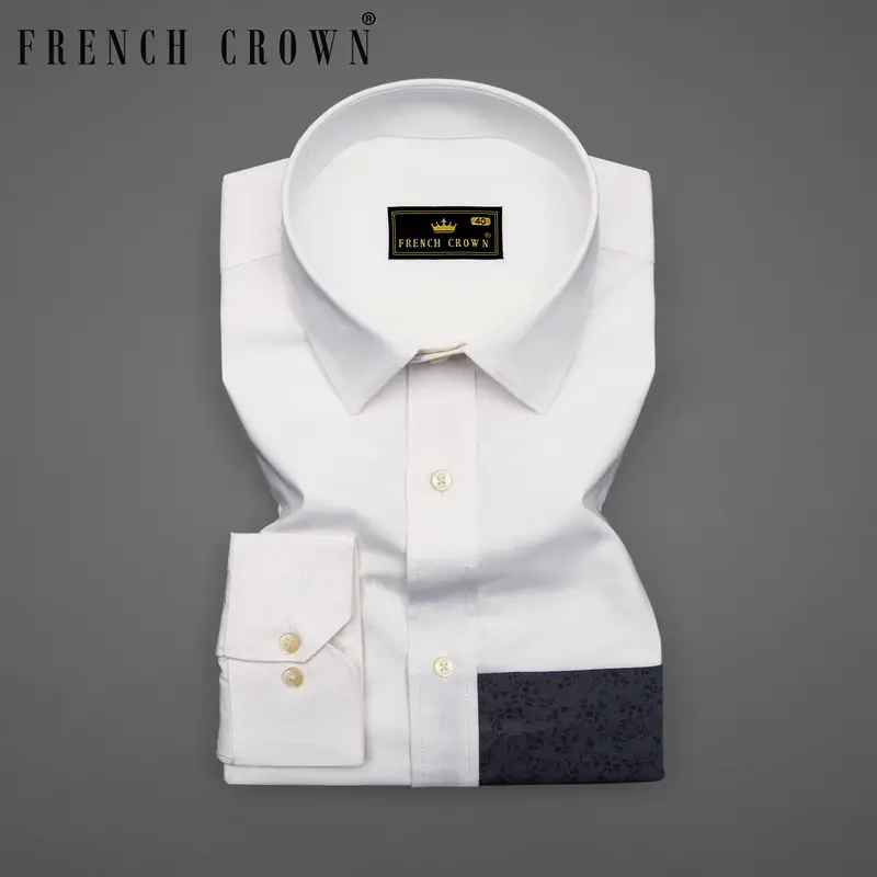 Bright White With Rangoon Blue Patch Work Premium Cotton Designer Shirt 1