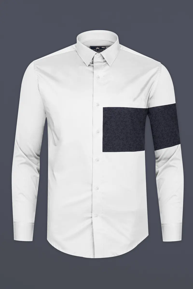 Bright White With Rangoon Blue Patch Work Premium Cotton Designer Shirt 4