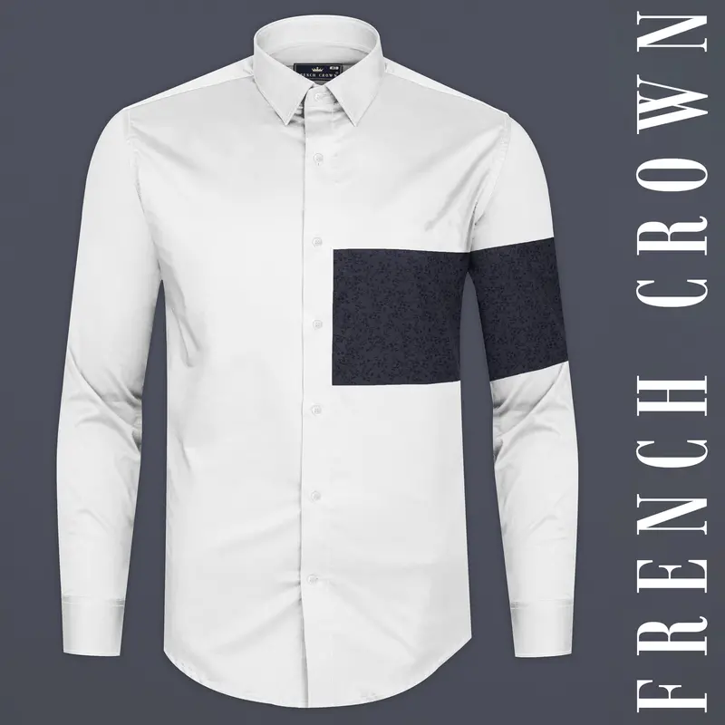Bright White With Rangoon Blue Patch Work Premium Cotton Designer Shirt 7