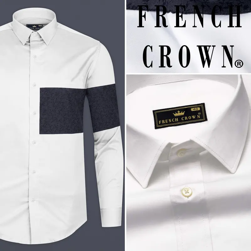 Bright White With Rangoon Blue Patch Work Premium Cotton Designer Shirt 8