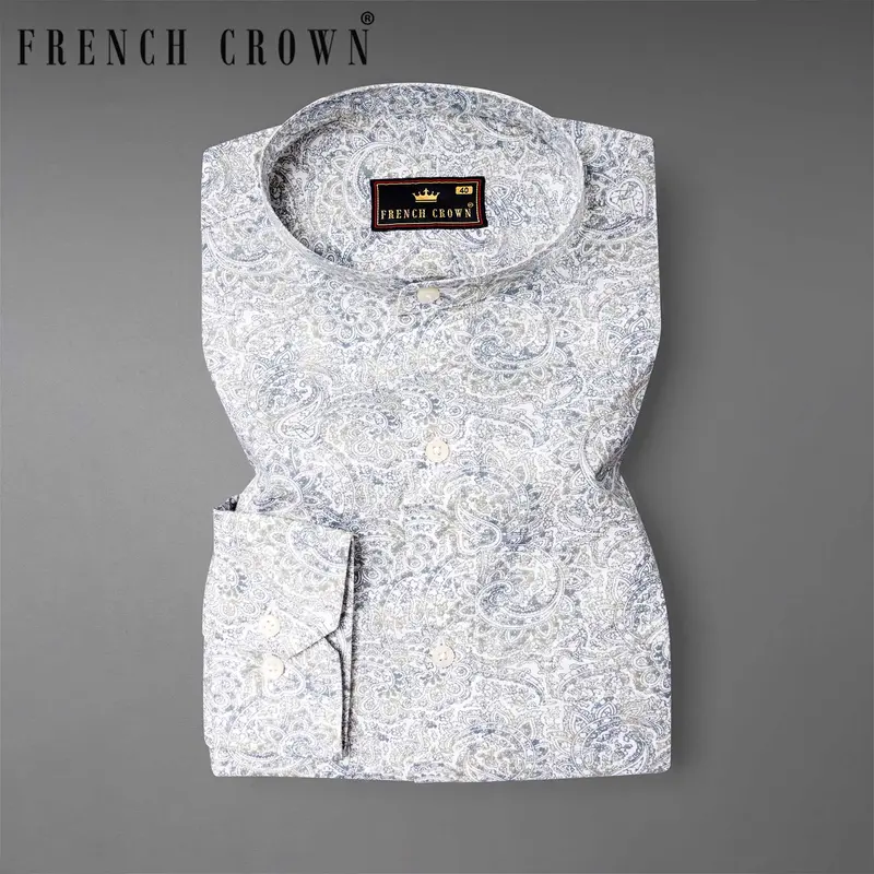 Bright White With Raven And Pumice Gray Paisley Printed Luxurious Linen Shirt 1