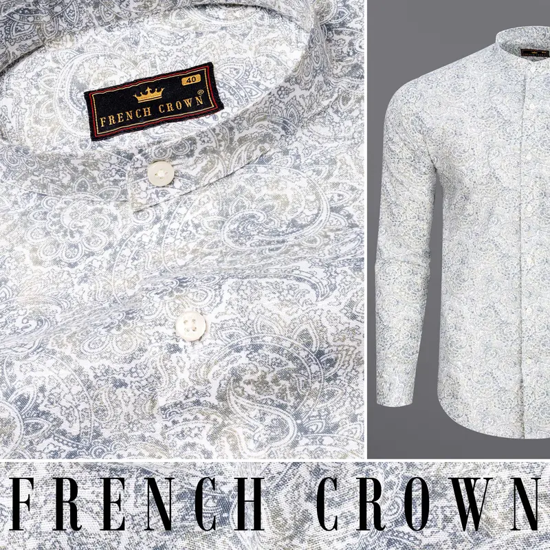 Bright White With Raven And Pumice Gray Paisley Printed Luxurious Linen Shirt 10