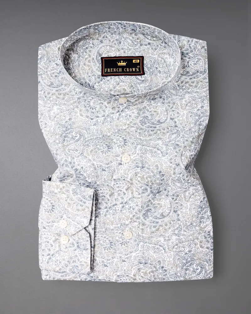 Bright White With Raven And Pumice Gray Paisley Printed Luxurious Linen Shirt 2
