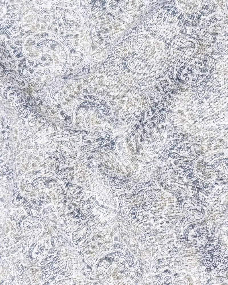 Bright White With Raven And Pumice Gray Paisley Printed Luxurious Linen Shirt 3
