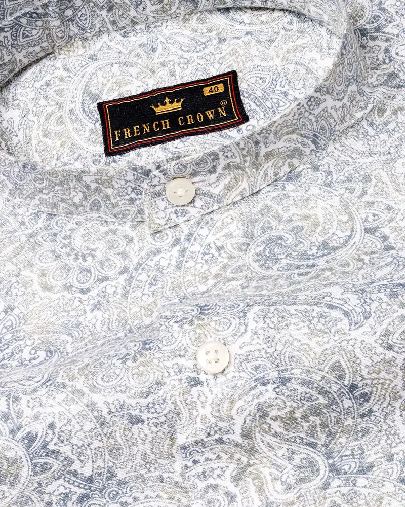 Bright White With Raven And Pumice Gray Paisley Printed Luxurious Linen Shirt 4