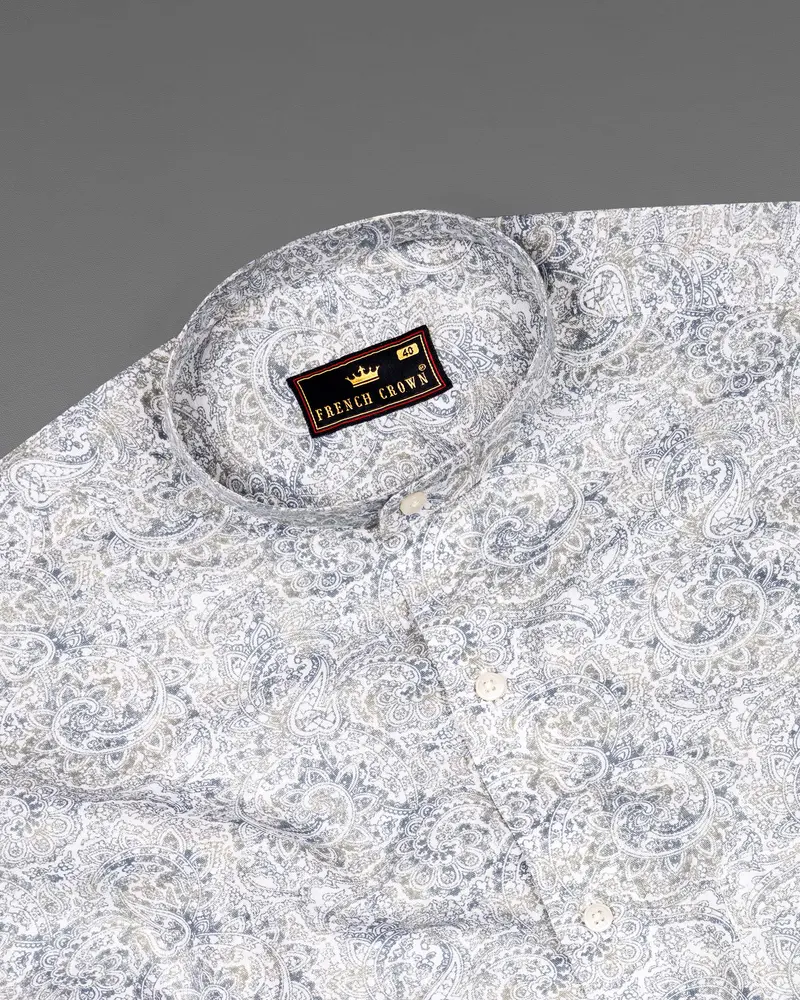Bright White With Raven And Pumice Gray Paisley Printed Luxurious Linen Shirt 5