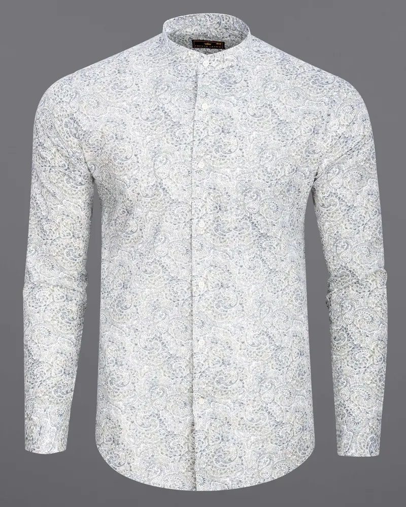 Bright White With Raven And Pumice Gray Paisley Printed Luxurious Linen Shirt 6