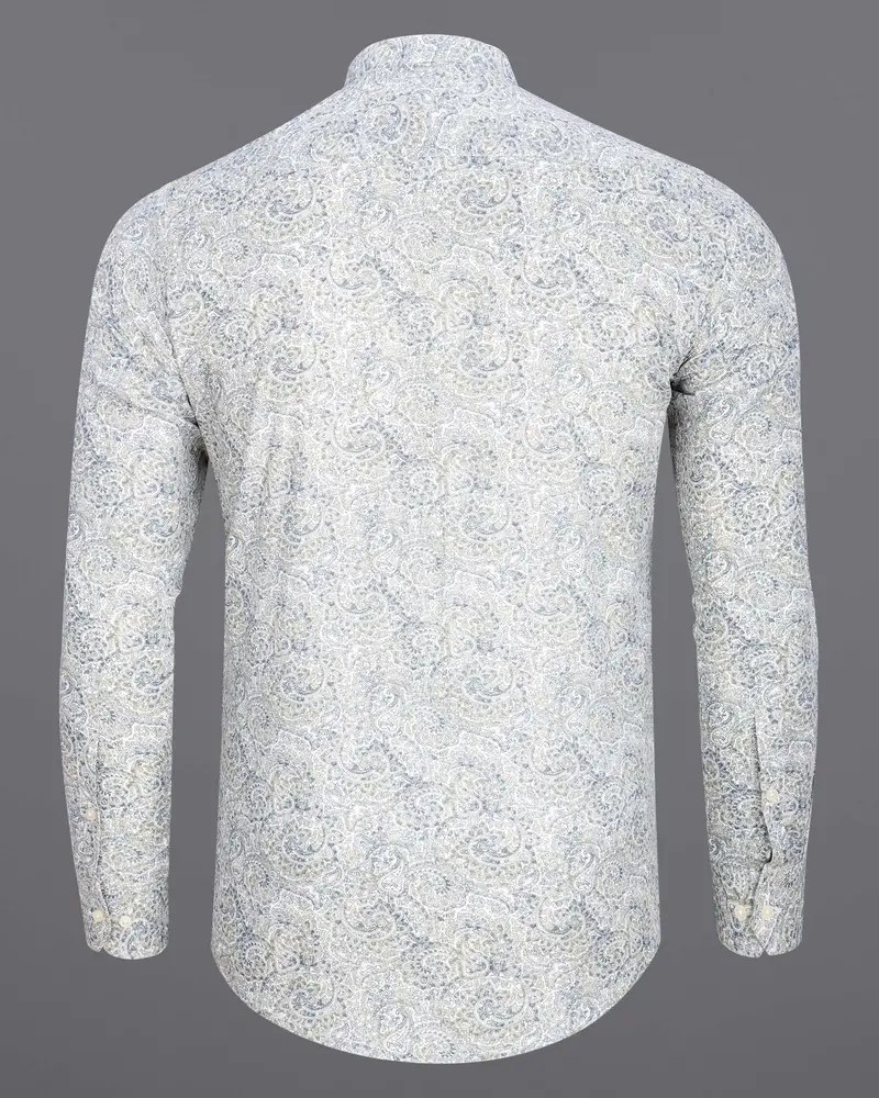 Bright White With Raven And Pumice Gray Paisley Printed Luxurious Linen Shirt 7