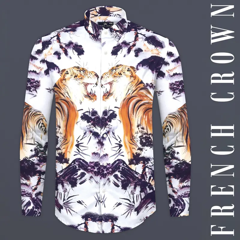 Bright White With Regalia Purple And Tangerine Orange Tigers And Trees Printed Subtle Sheen Super Soft Premium Cotton Designer Shirt 1