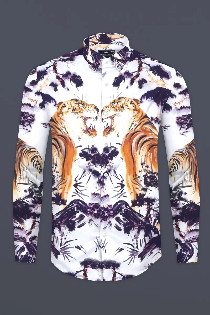 Bright White With Regalia Purple And Tangerine Orange Tigers And Trees Printed Subtle Sheen Super Soft Premium Cotton Designer Shirt 2