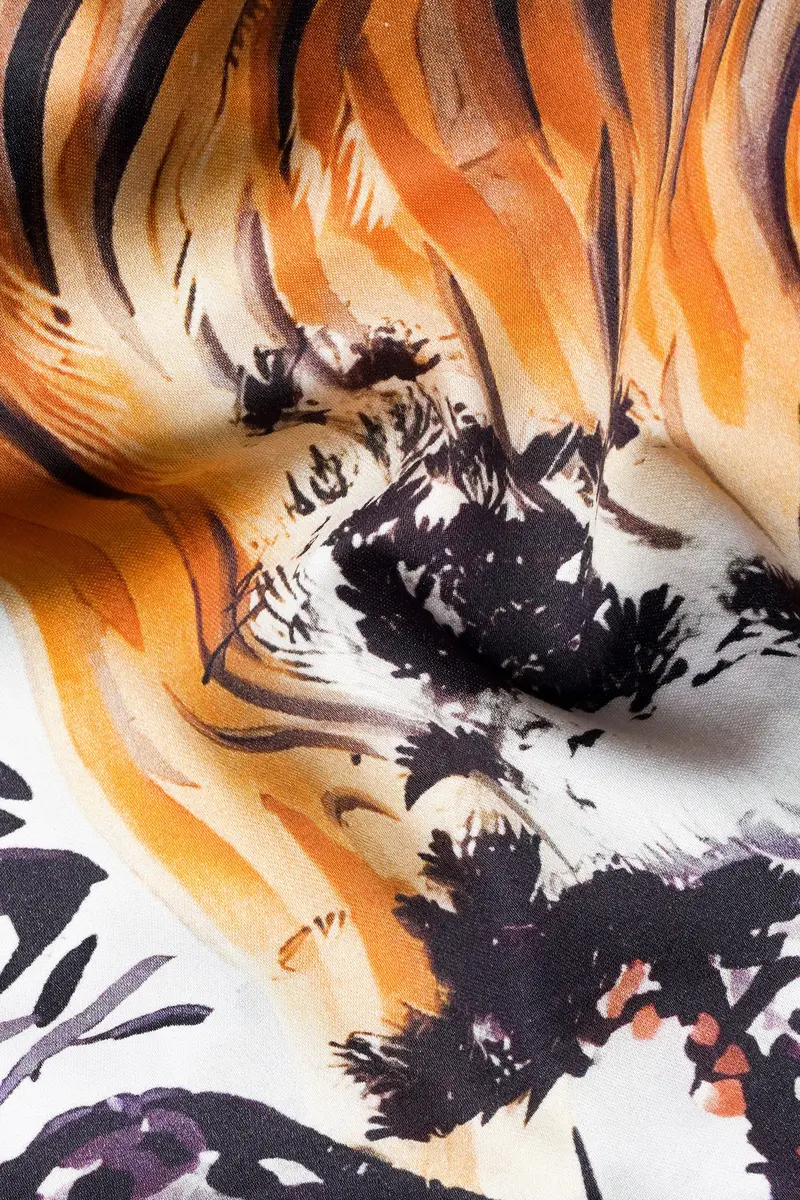 Bright White With Regalia Purple And Tangerine Orange Tigers And Trees Printed Subtle Sheen Super Soft Premium Cotton Designer Shirt 3